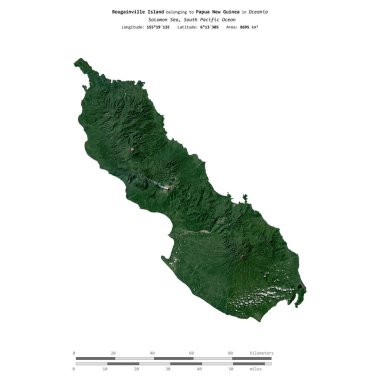 Bougainville Island in the Solomon Sea, belonging to Papua New Guinea, isolated on a satellite image taken in June 26, 2021, with distance scale clipart