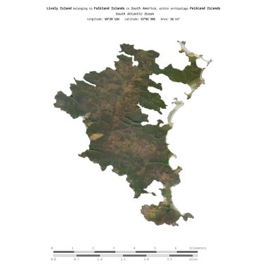 Lively Island in the South Atlantic Ocean, belonging to Falkland Islands, isolated on a satellite image taken in May 7, 2023, with distance scale clipart