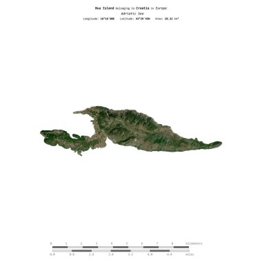 Bua Island in the Adriatic Sea, belonging to Croatia, isolated on a satellite image taken in September 29, 2023, with distance scale