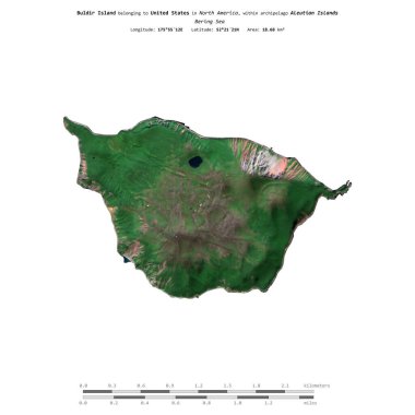 Buldir Island in the Bering Sea, belonging to United States, isolated on a satellite image taken in July 25, 2019, with distance scale clipart