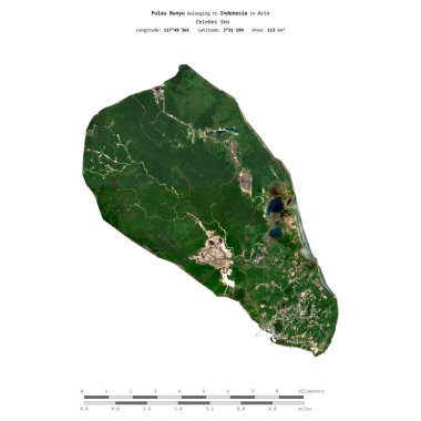 Pulau Bunyu in the Celebes Sea, belonging to Indonesia, isolated on a satellite image taken in October 4, 2023, with distance scale clipart