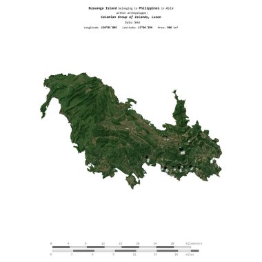 Busuanga Island in the Sulu Sea, belonging to Philippines, isolated on a satellite image taken in December 29, 2019, with distance scale clipart