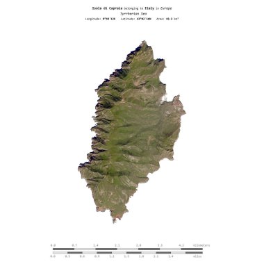 Isola di Capraia in the Tyrrhenian Sea, belonging to Italy, isolated on a satellite image taken in December 2, 2023, with distance scale clipart