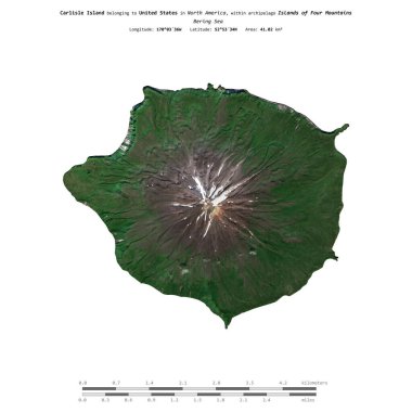 Carlisle Island in the Bering Sea, belonging to United States, isolated on a satellite image taken in August 16, 2019, with distance scale clipart