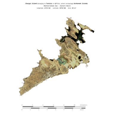 Chergui Island in the Mediterranean Sea - Eastern Basin, belonging to Tunisia, isolated on a satellite image taken in February 14, 2024, with distance scale clipart