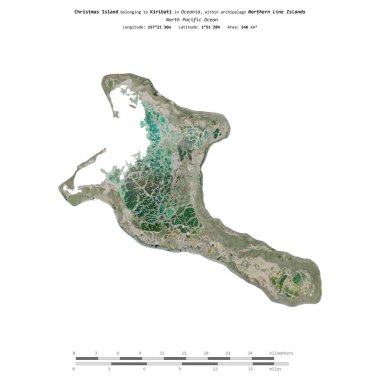 Christmas Island in the North Pacific Ocean, belonging to Kiribati, isolated on a satellite image taken in June 26, 2020, with distance scale clipart