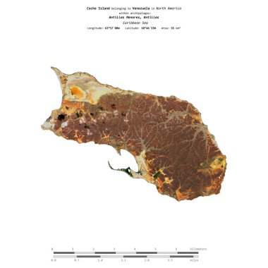 Coche Island in the Caribbean Sea, belonging to Venezuela, isolated on a satellite image taken in December 2, 2023, with distance scale clipart