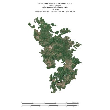 Culion Island in the Sulu Sea, belonging to Philippines, isolated on a satellite image taken in May 17, 2021, with distance scale clipart