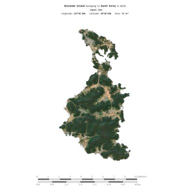 Dolsando Island in the Japan Sea, belonging to South Korea, isolated on a satellite image taken in October 21, 2023, with distance scale clipart