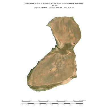 Eruya Island in the Red Sea, belonging to Eritrea, isolated on a satellite image taken in October 10, 2023, with distance scale clipart