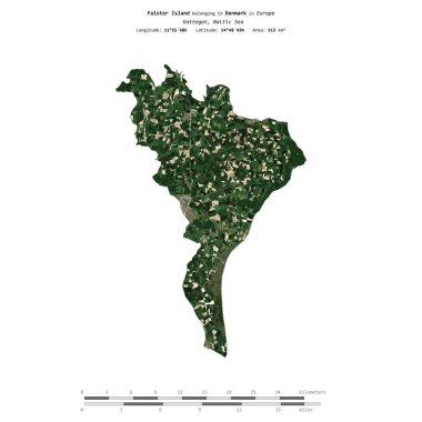 Falster Island in the Kattegat, belonging to Denmark, isolated on a satellite image taken in June 8, 2021, with distance scale clipart