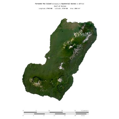 Fernando Poo Island in the Gulf of Guinea, belonging to Equatorial Guinea, isolated on a satellite image taken in May 5, 2022, with distance scale clipart