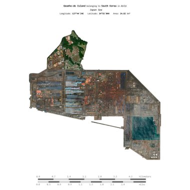 Geumho-do Island in the Japan Sea, belonging to South Korea, isolated on a satellite image taken in October 21, 2023, with distance scale clipart