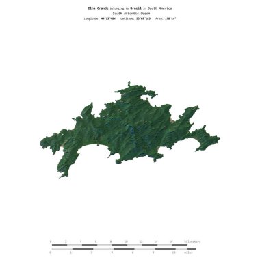 Brezilya 'ya ait olan Güney Atlantik Okyanusu' ndaki Ilha Grande, 23 Mayıs 2023 'te uzaklık ölçeğinde çekilmiş bir uydu görüntüsüyle izole edilmiştir.