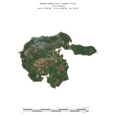 Hailuoto Island in the Gulf of Bothnia, belonging to Finland, isolated on a satellite image taken in May 29, 2024, with distance scale clipart