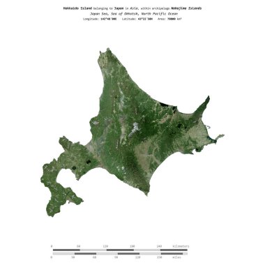 Hokkaido Island in the Japan Sea, belonging to Japan, isolated on a satellite image taken in February 22, 2021, with distance scale clipart