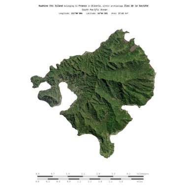 Huahine Iti Island in the South Pacific Ocean, belonging to France, isolated on a satellite image taken in June 6, 2021, with distance scale clipart