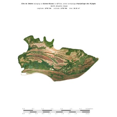 Ilha de Imbone in the North Atlantic Ocean, belonging to Guinea-Bissau, isolated on a satellite image taken in November 15, 2020, with distance scale clipart