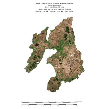 İskoçya 'nın batı kıyısındaki İç Denizler' deki Islay Adası, İngiltere 'ye ait. 16 Mayıs 2018' de çekilmiş uydu görüntüsü ile izole edilmiş.