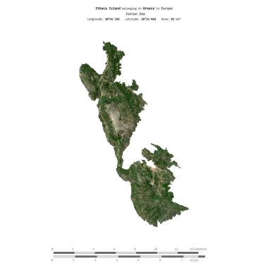 Yunanistan 'a ait İyon Denizi' ndeki İtaka Adası, 7 Nisan 2024 'te, uzaklık ölçeğinde bir uydu görüntüsü ile izole edilmiştir.