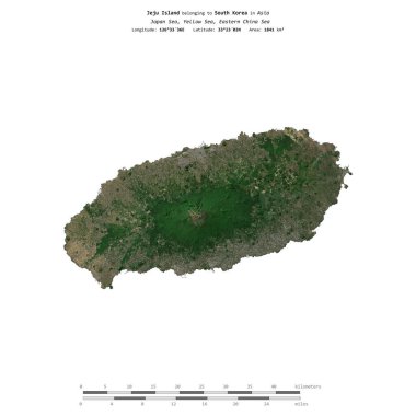 Jeju Island in the Japan Sea, belonging to South Korea, isolated on a satellite image taken in May 16, 2024, with distance scale clipart