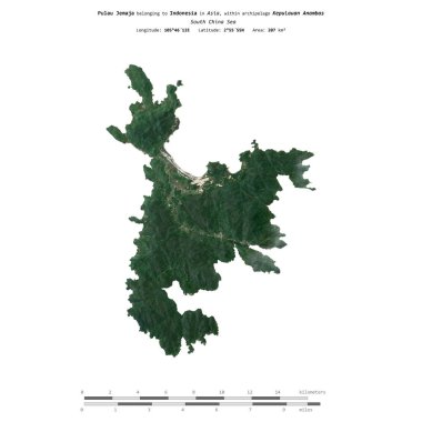 Pulau Jemaja in the South China Sea, belonging to Indonesia, isolated on a satellite image taken in June 7, 2018, with distance scale clipart
