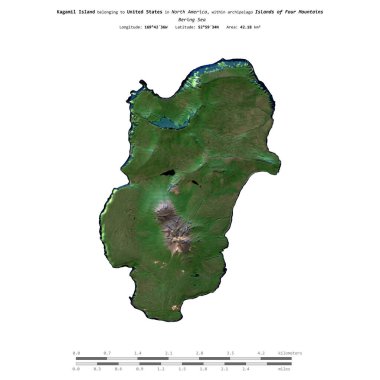 Kagamil Island in the Bering Sea, belonging to United States, isolated on a satellite image taken in September 9, 2020, with distance scale clipart