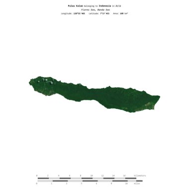 Pulau Kalao in the Banda Sea, belonging to Indonesia, isolated on a satellite image taken in April 11, 2021, with distance scale clipart