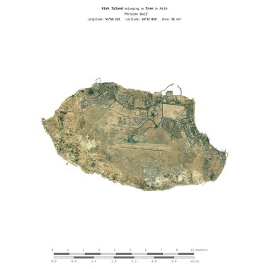 Kish Island in the Persian Gulf, belonging to Iran, isolated on a satellite image taken in October 28, 2023, with distance scale clipart