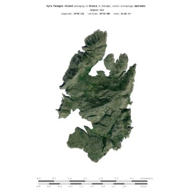 Kyra Panagia Island in the Aegean Sea, belonging to Greece, isolated on a satellite image taken in March 26, 2023, with distance scale clipart