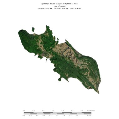 Kyunthaya Island in the Bay of Bengal, belonging to Myanmar, isolated on a satellite image taken in March 9, 2023, with distance scale clipart