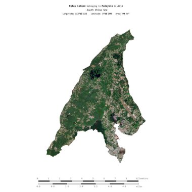 Pulau Labuan in the South China Sea, belonging to Malaysia, isolated on a satellite image taken in February 23, 2020, with distance scale clipart