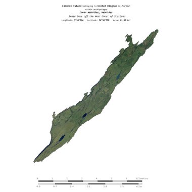 İskoçya 'nın batı kıyısındaki iç denizlerdeki Lismore Adası, Birleşik Krallık' a ait, 21 Temmuz 2021 'de çekilmiş bir uydu görüntüsü ile izole edilmiş,