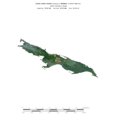 Little Exuma Island in the North Atlantic Ocean, belonging to Bahamas, isolated on a satellite image taken in December 1, 2019, with distance scale clipart