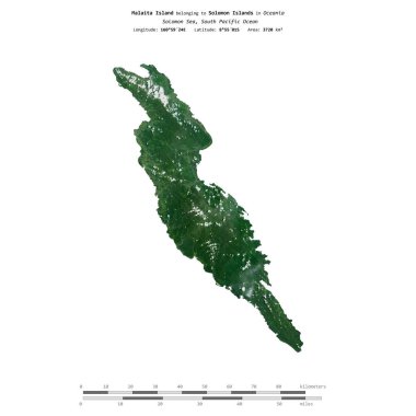 Malaita Island in the Solomon Sea, belonging to Solomon Islands, isolated on a satellite image taken in April 24, 2011, with distance scale clipart