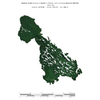 Malakula Island in the Coral Sea, belonging to Vanuatu, isolated on a satellite image taken in May 24, 2019, with distance scale clipart