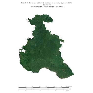 Pulau Mandioli in the Molukka Sea, belonging to Indonesia, isolated on a satellite image taken in November 12, 2019, with distance scale clipart