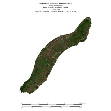 Pulau Masela in the Banda Sea, belonging to Indonesia, isolated on a satellite image taken in August 20, 2020, with distance scale clipart