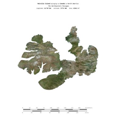 Melville Island in the The Northwestern Passages, belonging to Canada, isolated on a satellite image taken in December 31, 2003, with distance scale clipart