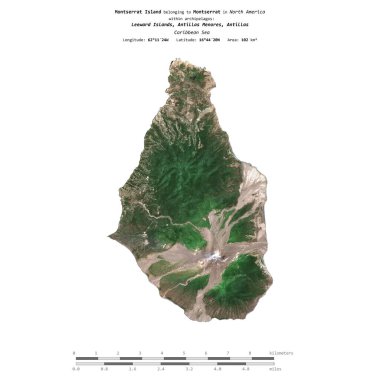 Montserrat Island in the Caribbean Sea, belonging to Montserrat, isolated on a satellite image taken in March 28, 2019, with distance scale clipart