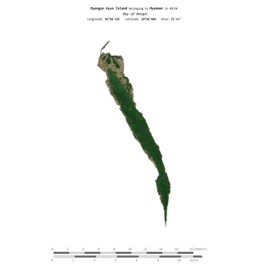 Myengun Kyun Island in the Bay of Bengal, belonging to Myanmar, isolated on a satellite image taken in November 14, 2022, with distance scale