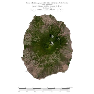 Karayip Denizi 'ndeki Nieves Adası, Saint Kitts ve Nevis' e ait. 9 Ağustos 2023 'te çekilmiş bir uydu görüntüsü.