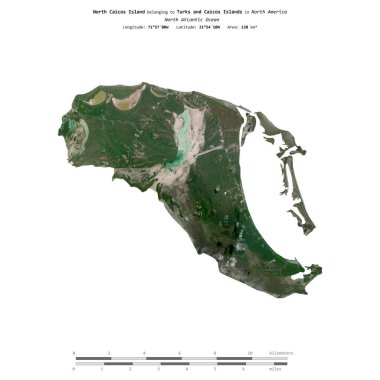 North Caicos Island in the North Atlantic Ocean, belonging to Turks and Caicos Islands, isolated on a satellite image taken in October 15, 2023, with distance scale clipart