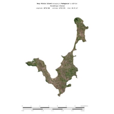 Nosy Mitsio Island in the Mozambique Channel, belonging to Madagascar, isolated on a satellite image taken in February 24, 2023, with distance scale clipart