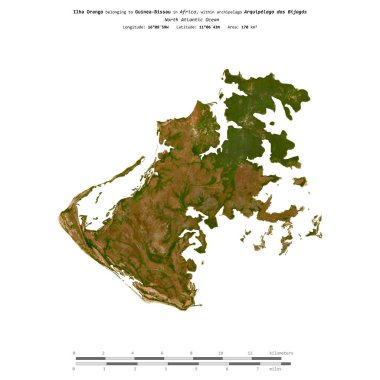 Ilha Orango in the North Atlantic Ocean, belonging to Guinea-Bissau, isolated on a satellite image taken in March 9, 2024, with distance scale clipart