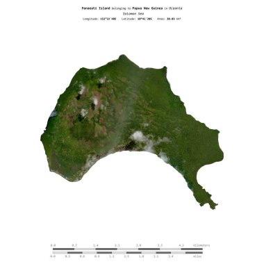 Panaeati Island in the Solomon Sea, belonging to Papua New Guinea, isolated on a satellite image taken in June 12, 2019, with distance scale clipart