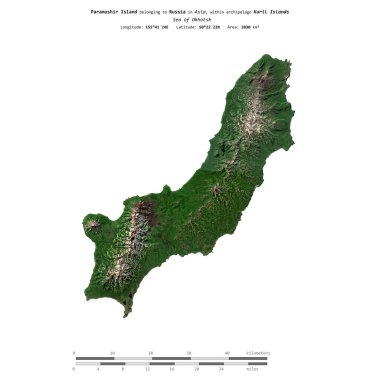 Paramushir Island in the Sea of Okhotsk, belonging to Russia, isolated on a satellite image taken in October 2, 2011, with distance scale clipart