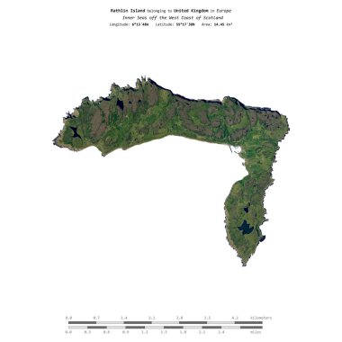 Rathlin Island in the Inner Seas off the West Coast of Scotland, belonging to United Kingdom, isolated on a satellite image taken in May 30, 2021, with distance scale clipart