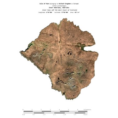 İskoçya 'nın batı kıyısındaki İç Denizler' deki Rum Adası, Birleşik Krallık 'a ait, 20 Nisan 2023 tarihli uydu görüntüsü ile izole edilmiş,