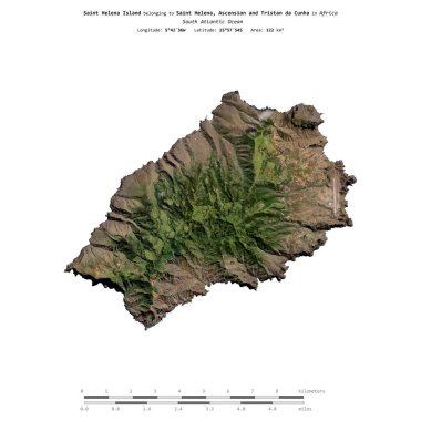 Saint Helena Island in the South Atlantic Ocean, belonging to Saint Helena, Ascension and Tristan da Cunha, isolated on a satellite image taken in February 16, 2018, with distance scale clipart